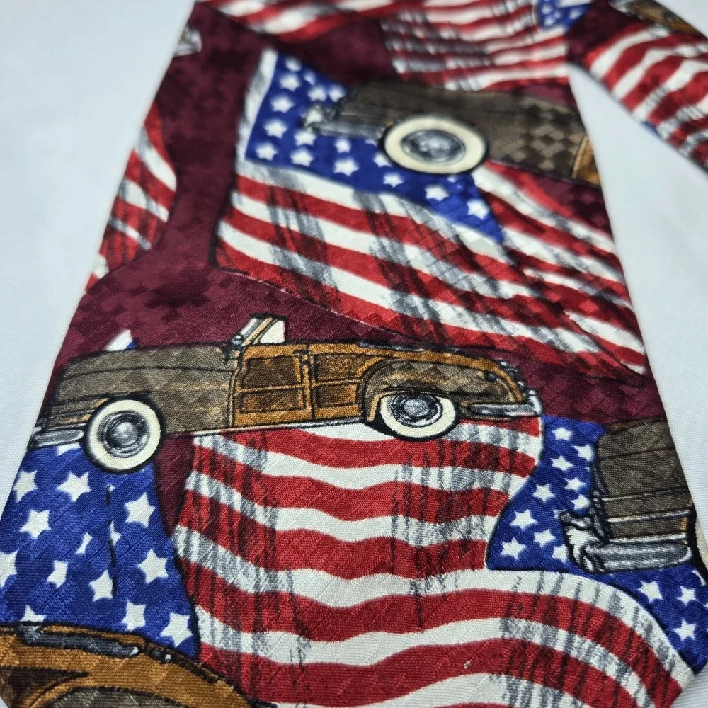 Vintage Guess By Georges Marciano Silk Neck‎ Tie Car America Flag 56 Inches USA